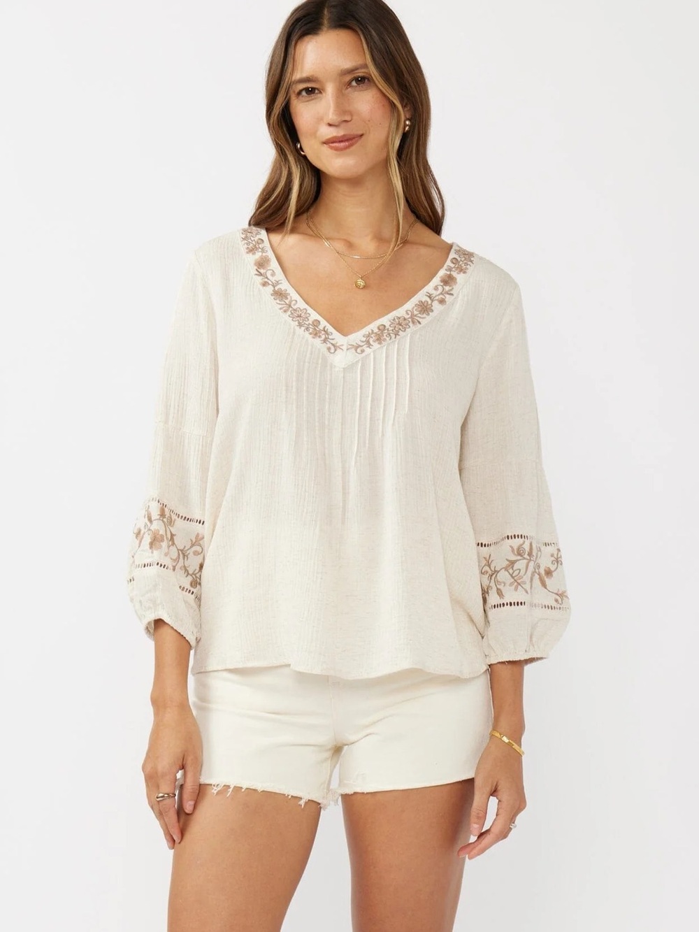 Bar III Cream V-Neck Embroidered Peasant Blouse